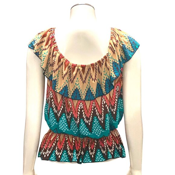 ACE Fashion Boho Peasant Blouse Festival Top Colorful Smocked Waist Ruffle Hem - Picture 5 of 11